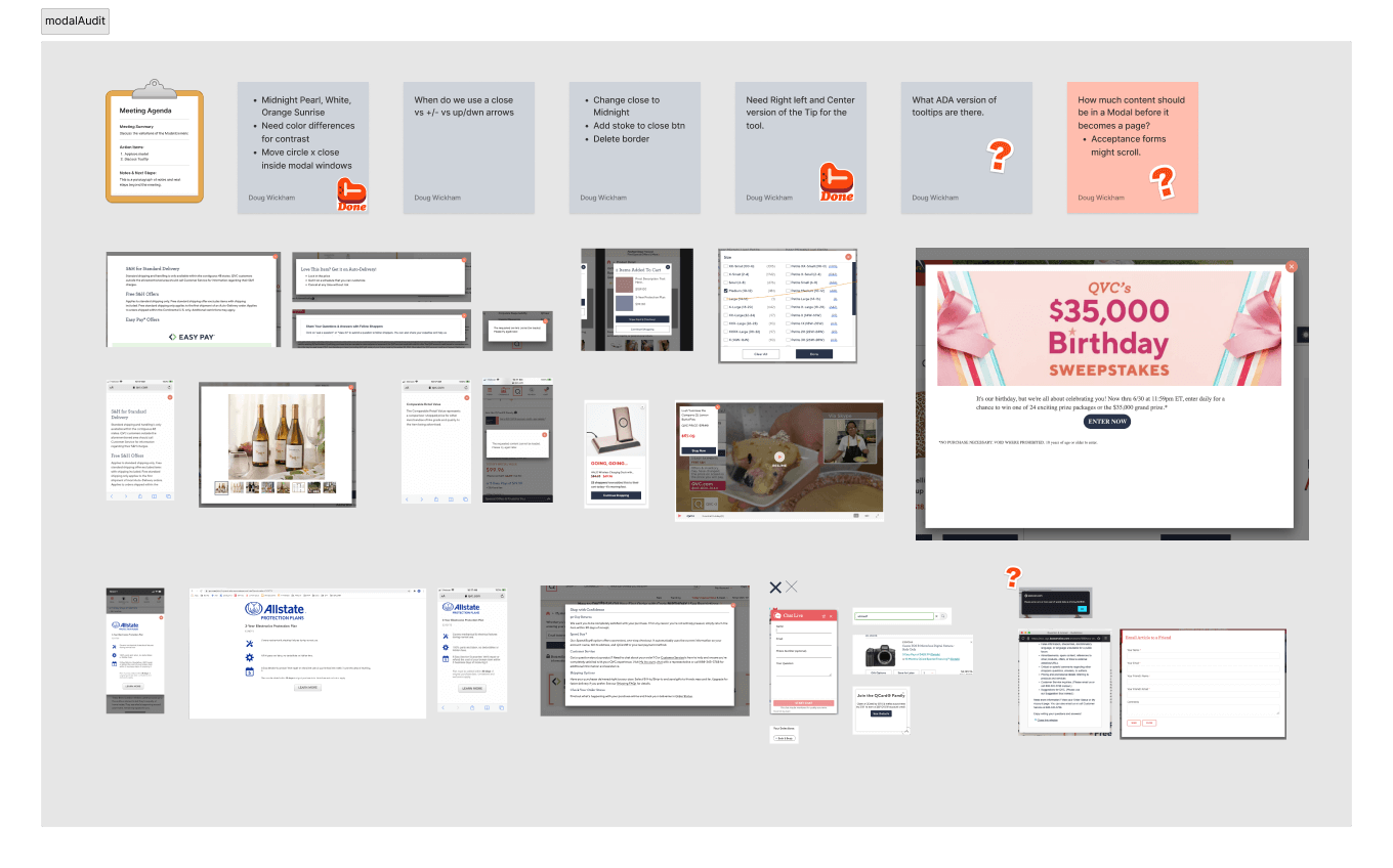 Modal Audit of site showing various styles of modals deployed